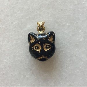 Solid 14K yellow gold vintage glass black cat good luck pendant lucky charm